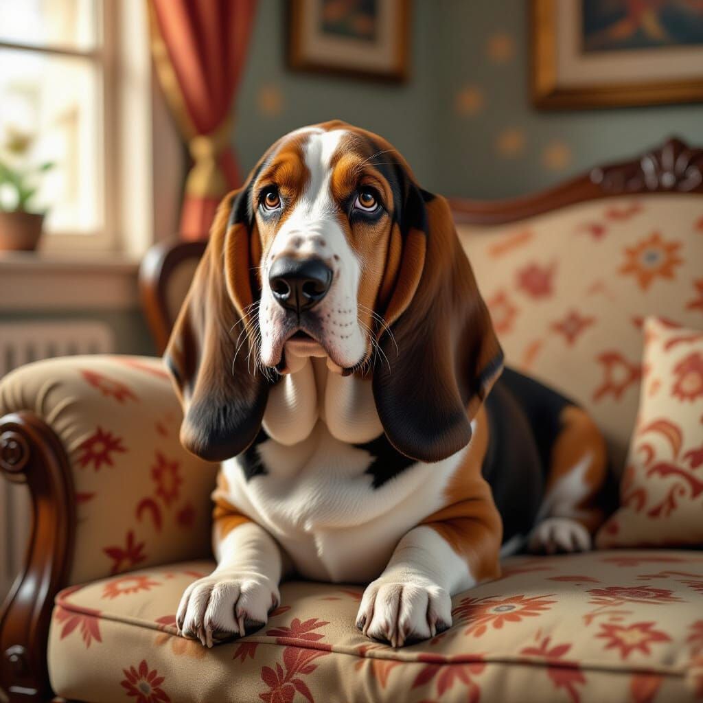 Basset Hound on Sofa - Cinematic Digital Painting