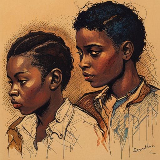 Black Siblings Portrait in Surrealist Style