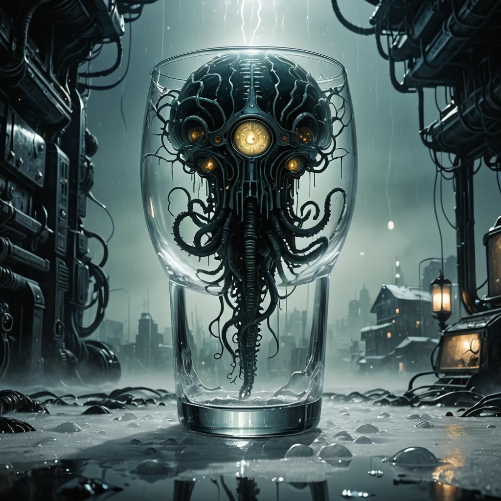 Cyberpunk Brain in Glass with Bioluminescent Eye