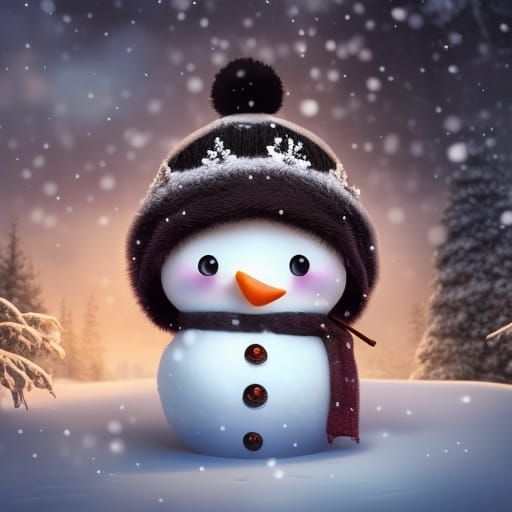 Cute Chibi Snowman with Big Eyes, Digital Painting