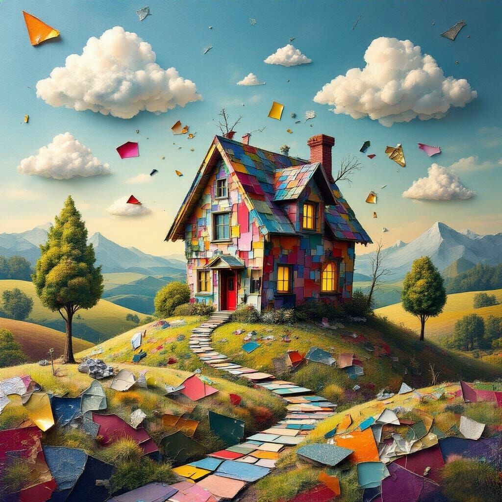 Surreal Collage Landscape: Whimsical House and Hills