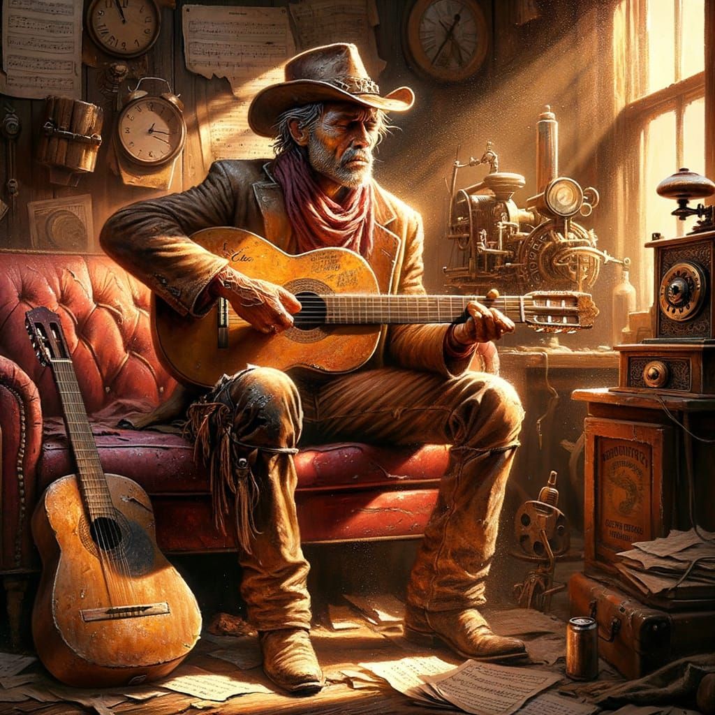 Worn Cowboy with Guitar in Impasto Style
