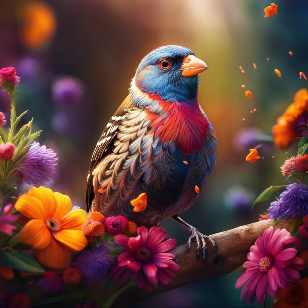 Gorgeous Finch Portrait with Colorful Flowers
