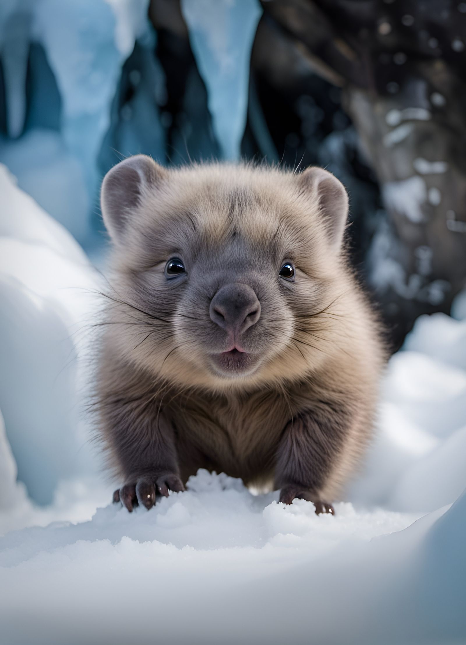Cute Wombat Portrait in Snowy Ice Cave