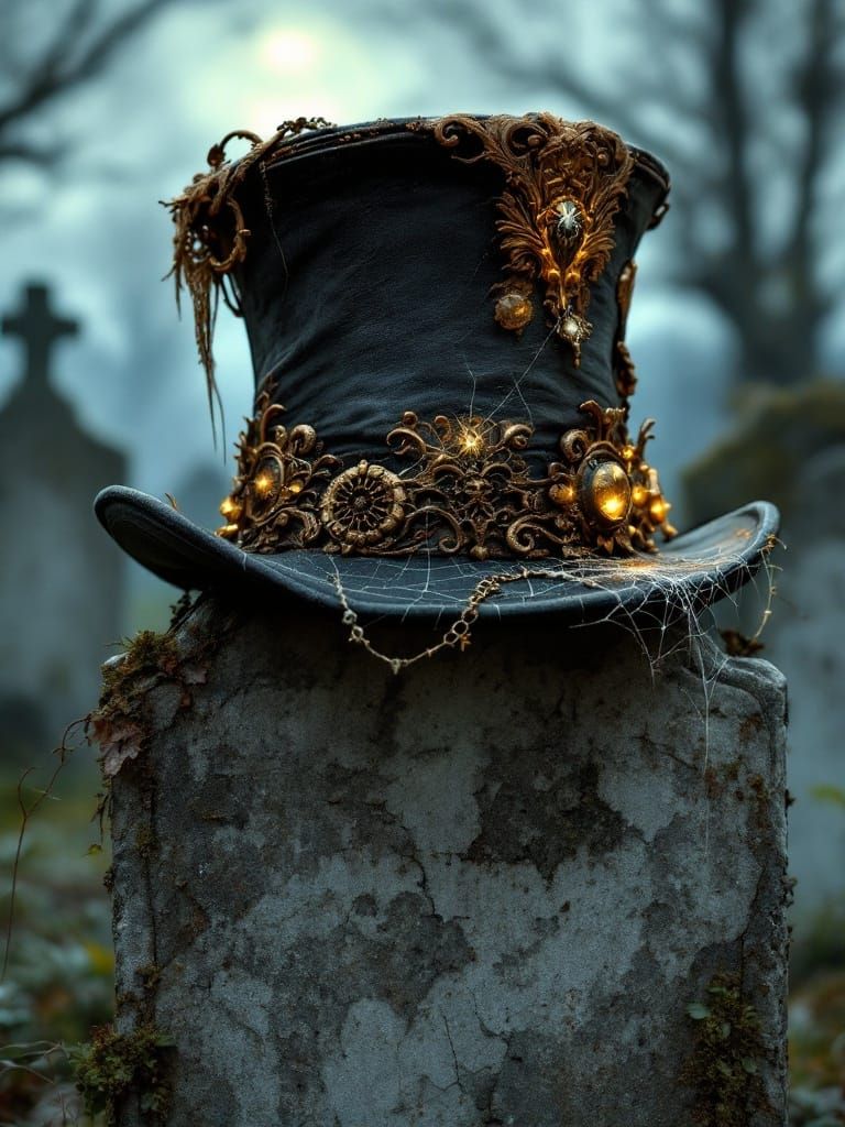 Gothic Vampire Top Hat with Spiderweb in Graveyard