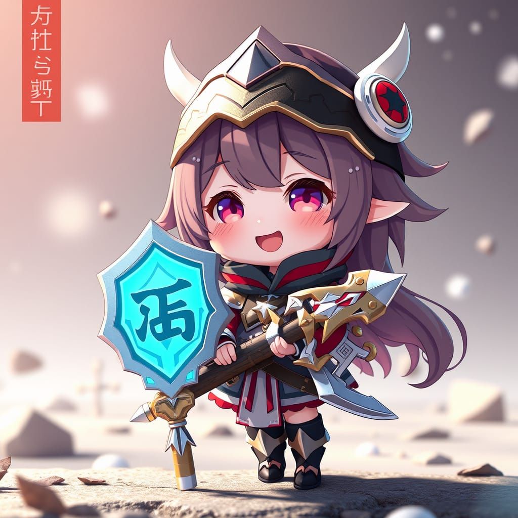 Chibi Warrior Holds Thank You Sign in 3D Anime Art