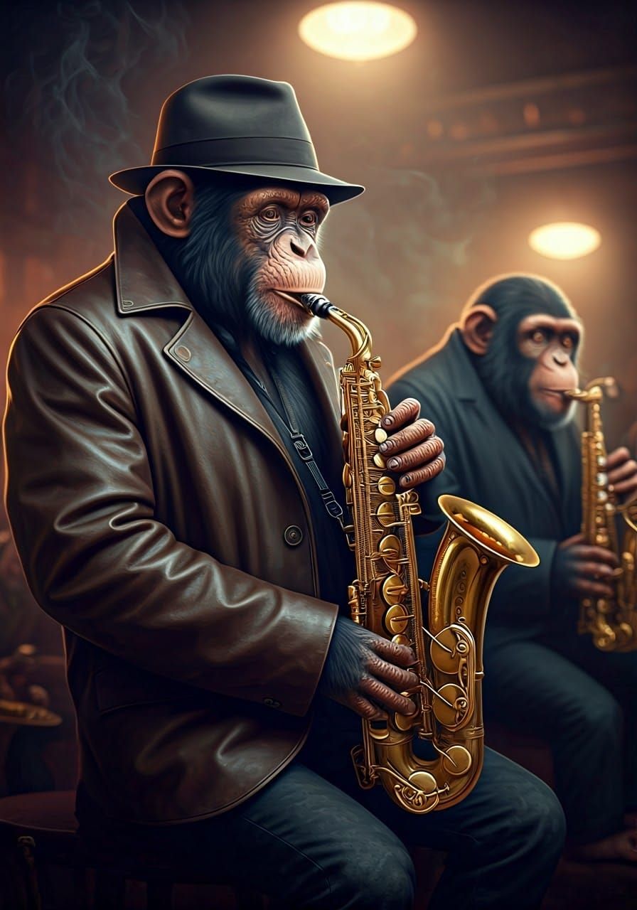 Chimpanzee Jazz Saxophonist in Dimly Lit Club