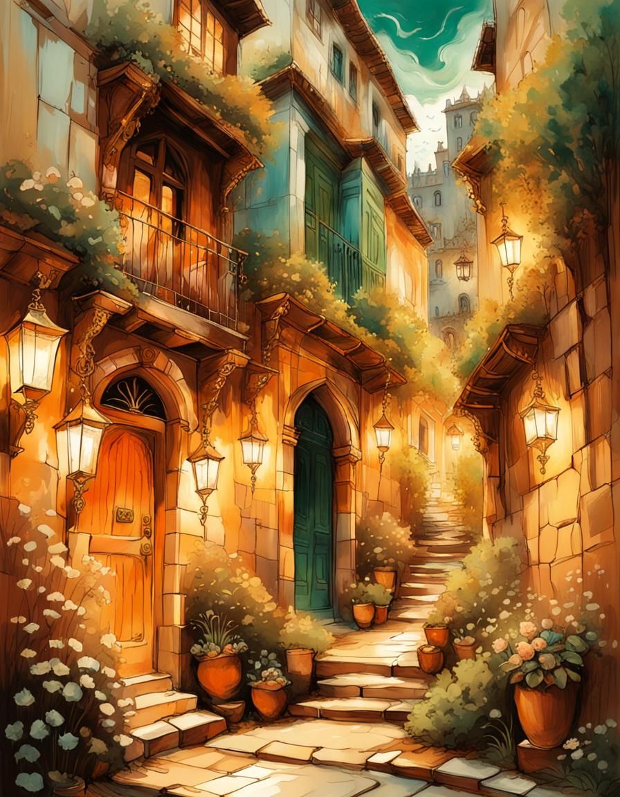Mediterranean Alleyway Illustration in Arthur Rackham Style