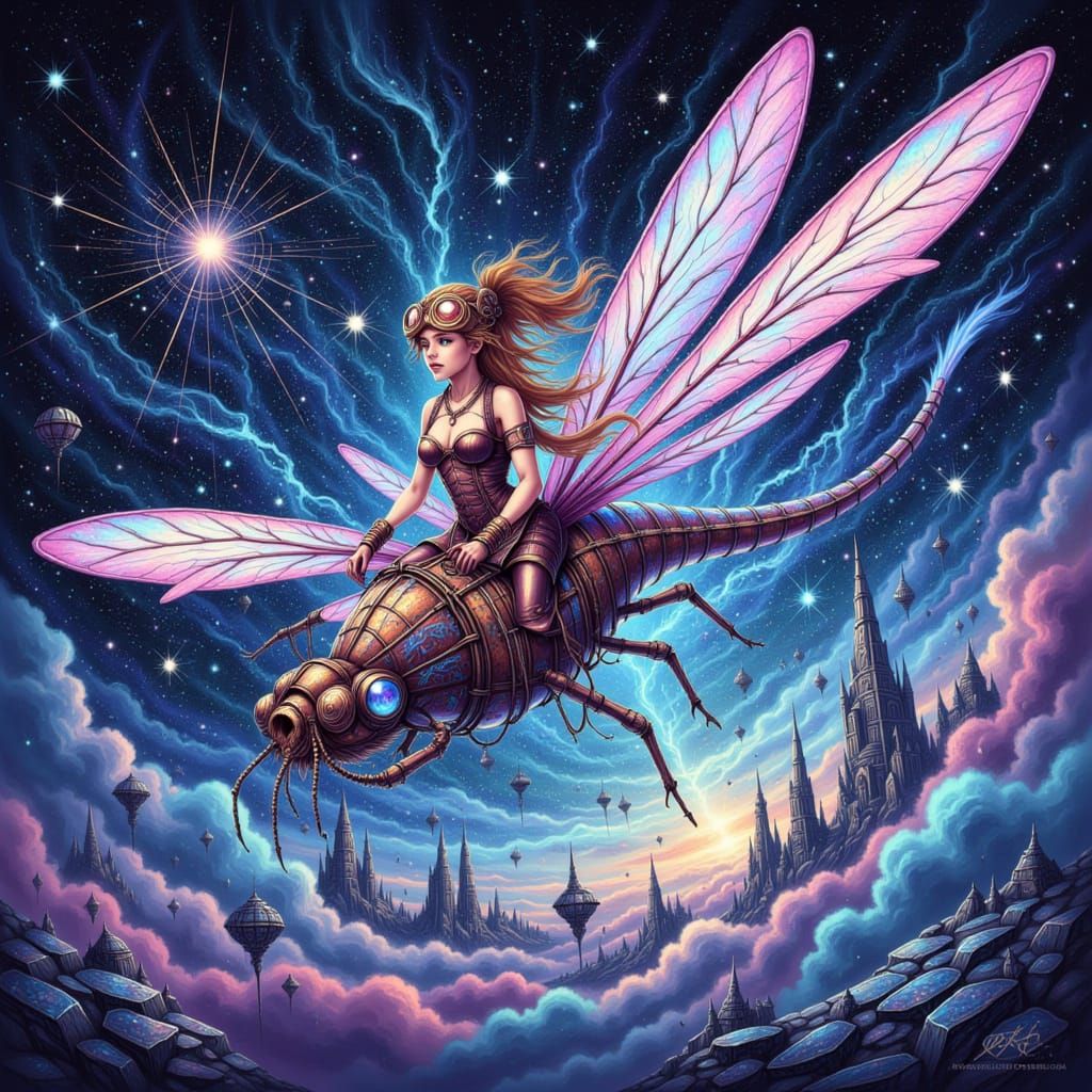 Steampunk Woman Pilots Dragonfly Through Starry Cosmos