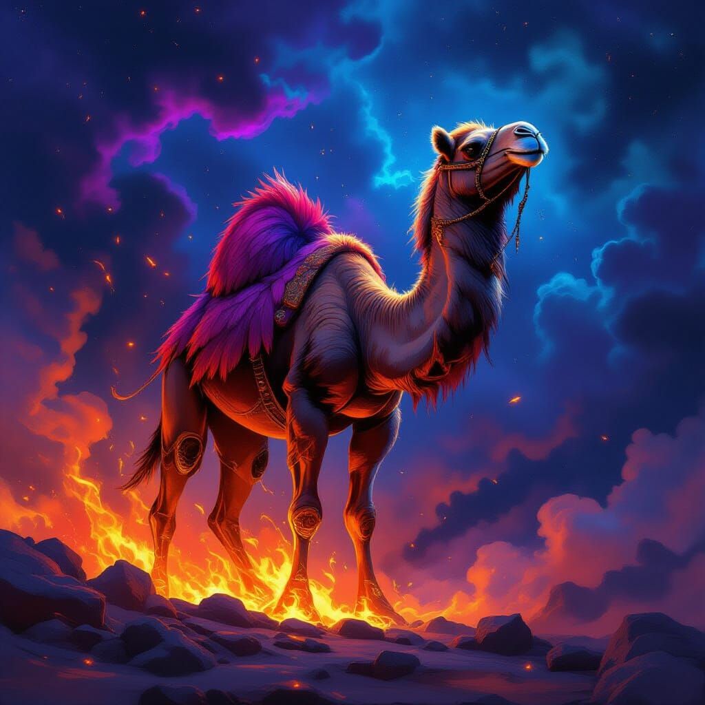 Majestic Camel Rises from Ashes in Fiery Nebula