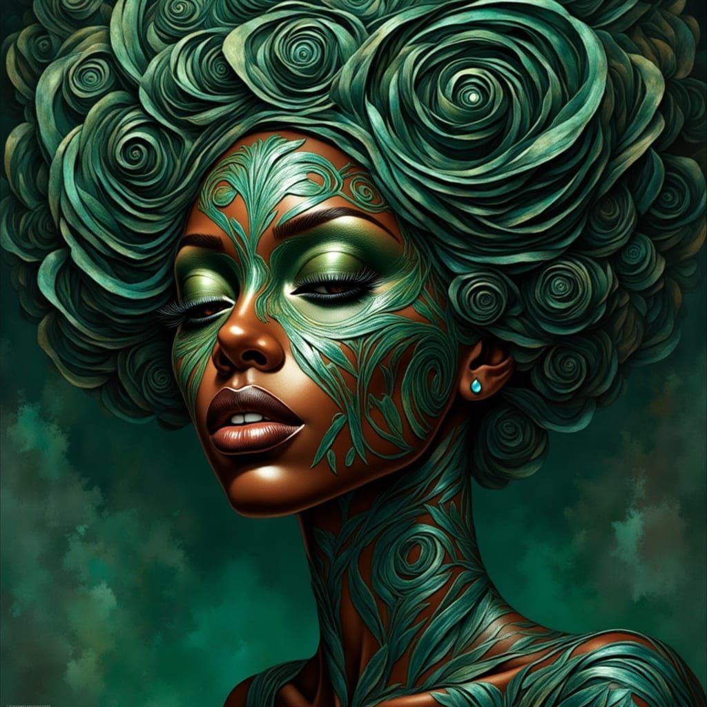 Surreal Black Woman Portrait in Digital Art Nouveau Style