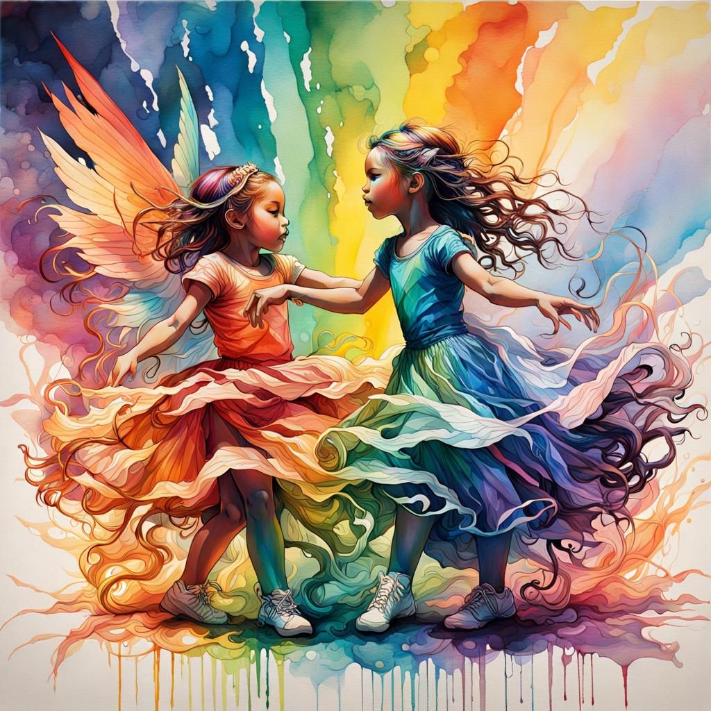 Dancers Under Rainbow in Watercolour Ink Art