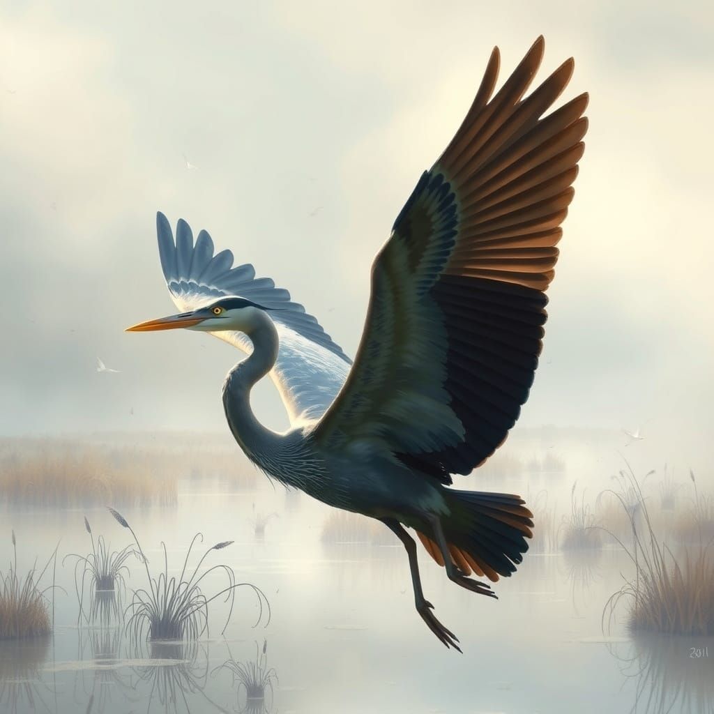 Heron Soaring in Misty Wetlands: Detailed Realism