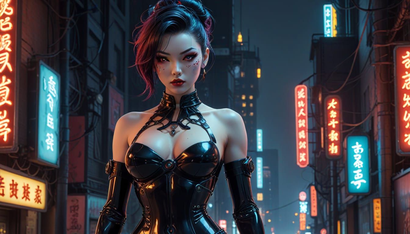 Gothic Pinup Android in Cyberpunk City