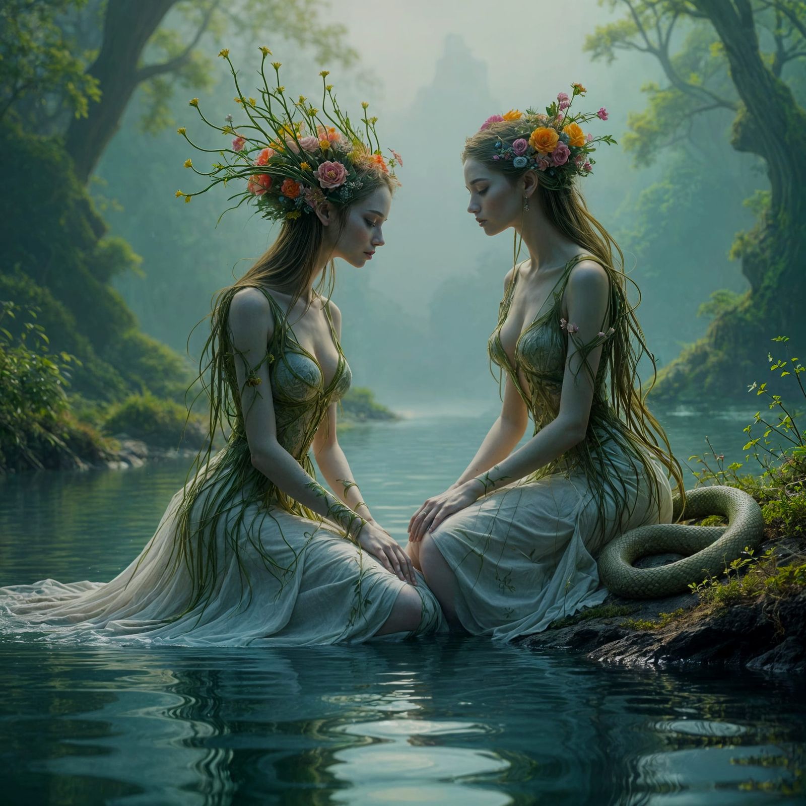 Ethereal Nymph with Snake in Misty Biomorphic Landscape