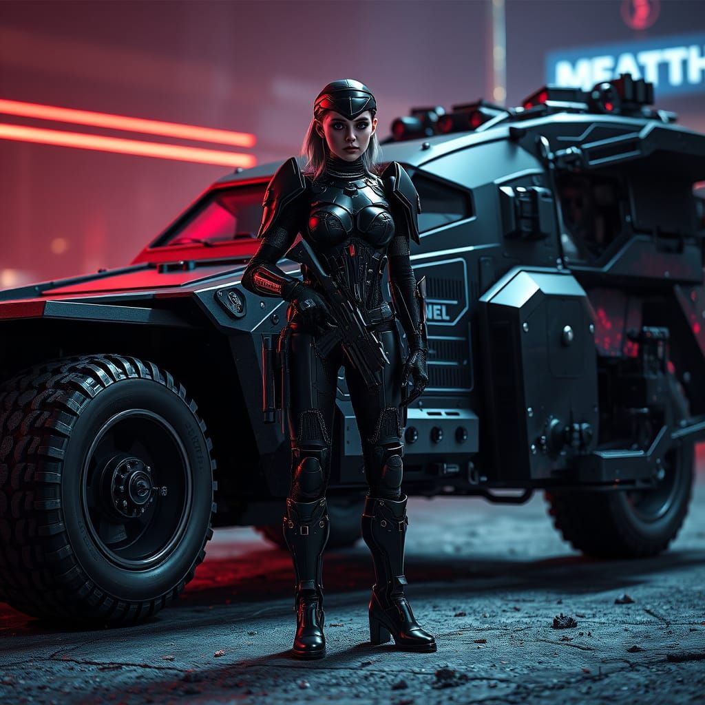Goth Military Cyborg Woman and Matte-Black Vehicle in Epic S...