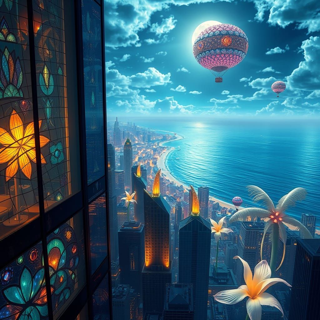 Skyscraper City of Stained Glass Under Moonlight