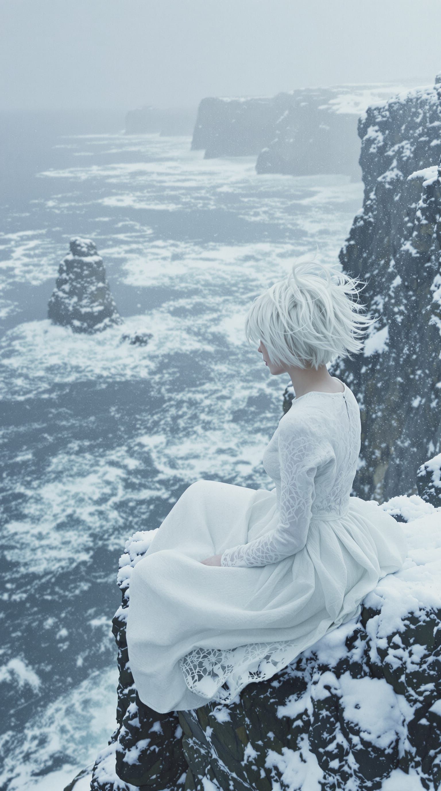 Albino Woman on Snowy Cliffs in Blizzard