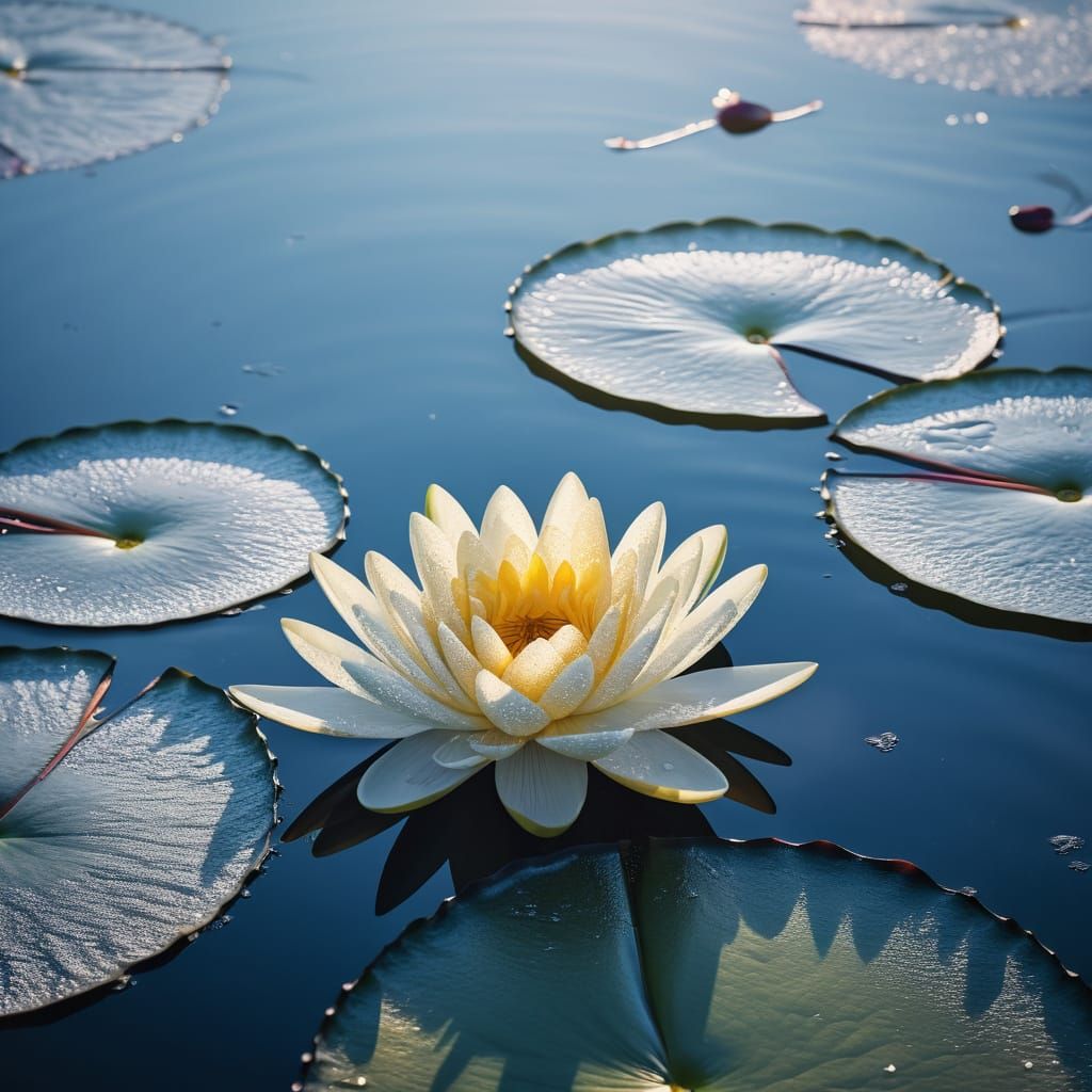 Ethereal Waterlily Blooms in Serene Winter Wonderland