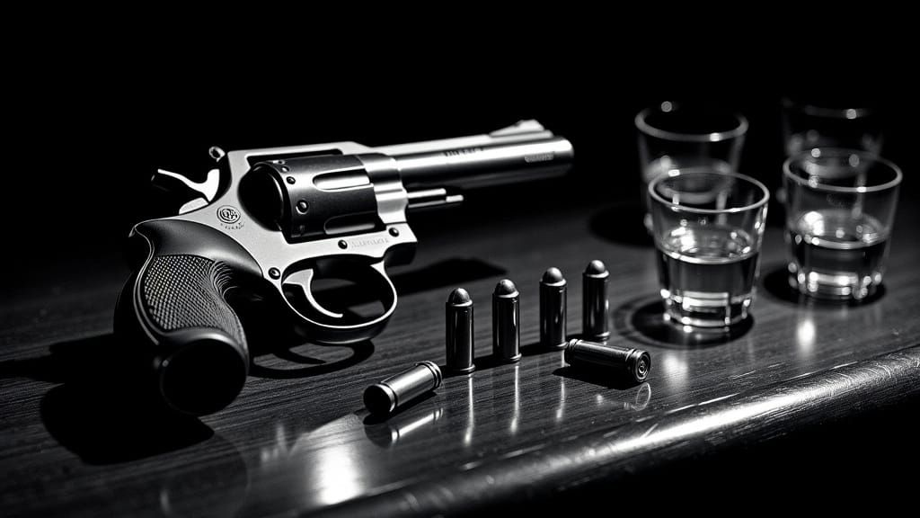 High-Contrast Film Noir Image of Revolver and Shot Glasses