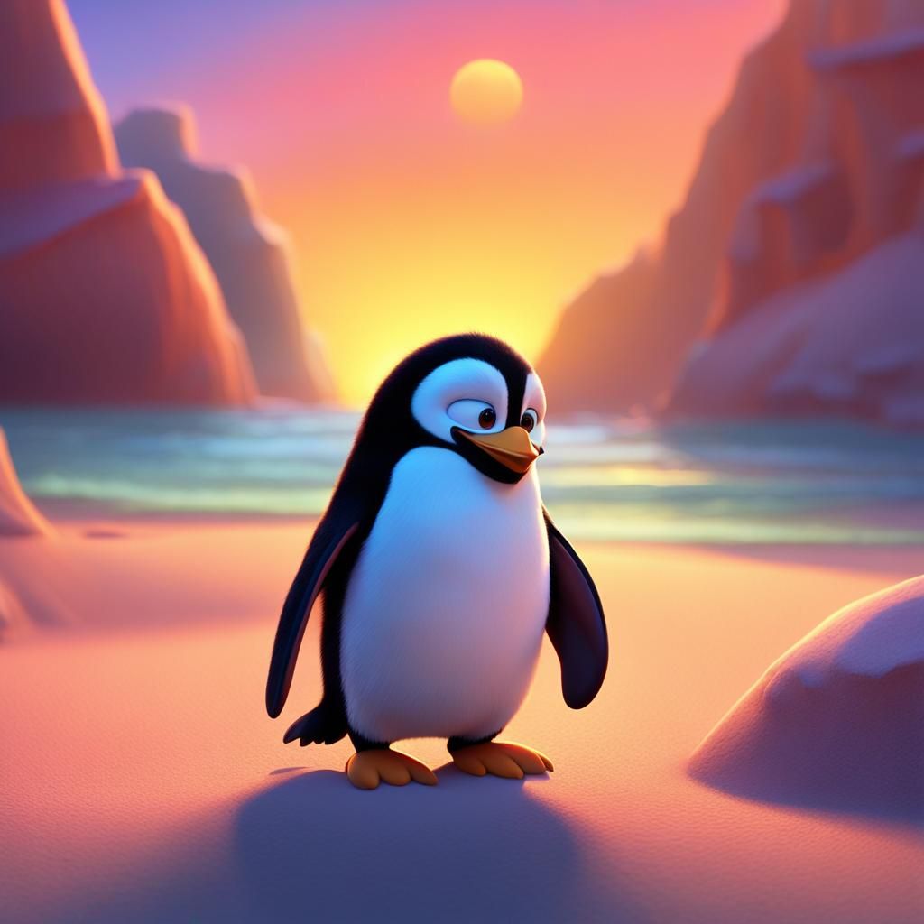 Cute Penguin Greeted by Sunlight in Disney Pixar Style
