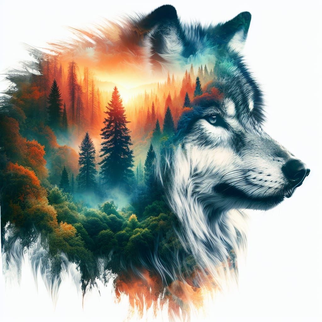 Majestic Wolf Head with Fantasized Forest Landscape