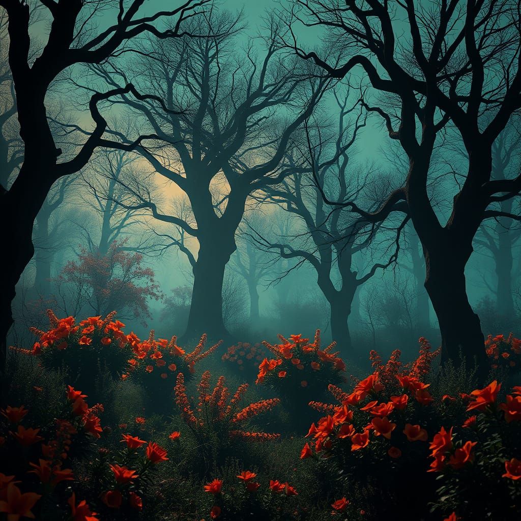 Creepy Trees Clash with Vibrant Flowers