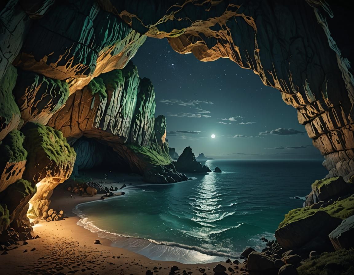 Dramatic Sea Cave at Night in Photorealistic Style