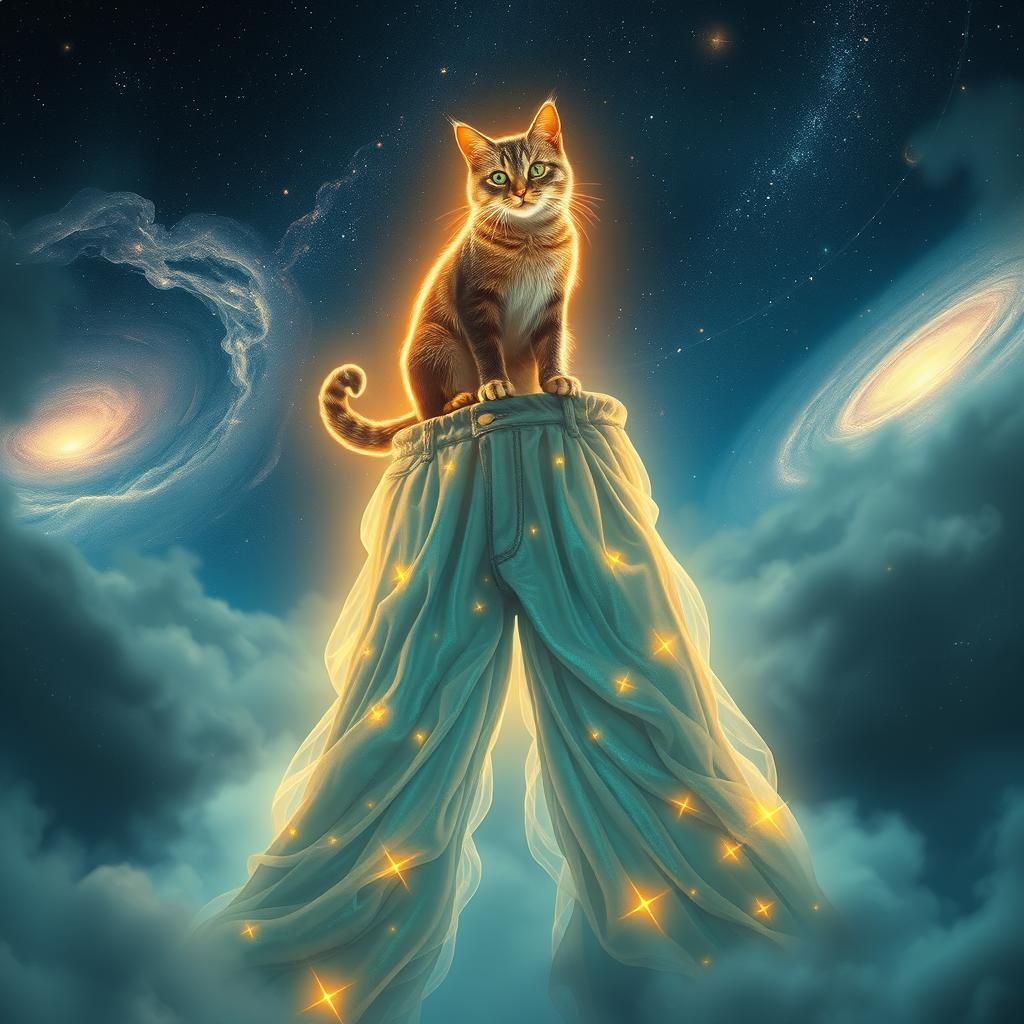 Ghostly Cat on Ethereal Pants in Fantasy Realism
