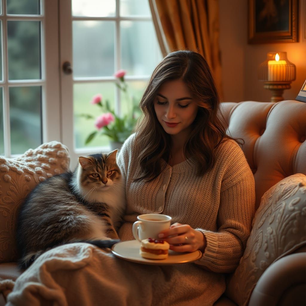 Cozy Evening Snack with Cat in Impressionist Style