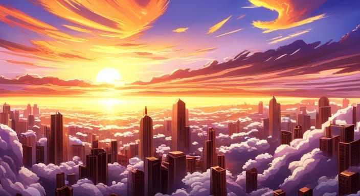 Dazzling Anime Sunset Over City of Clouds