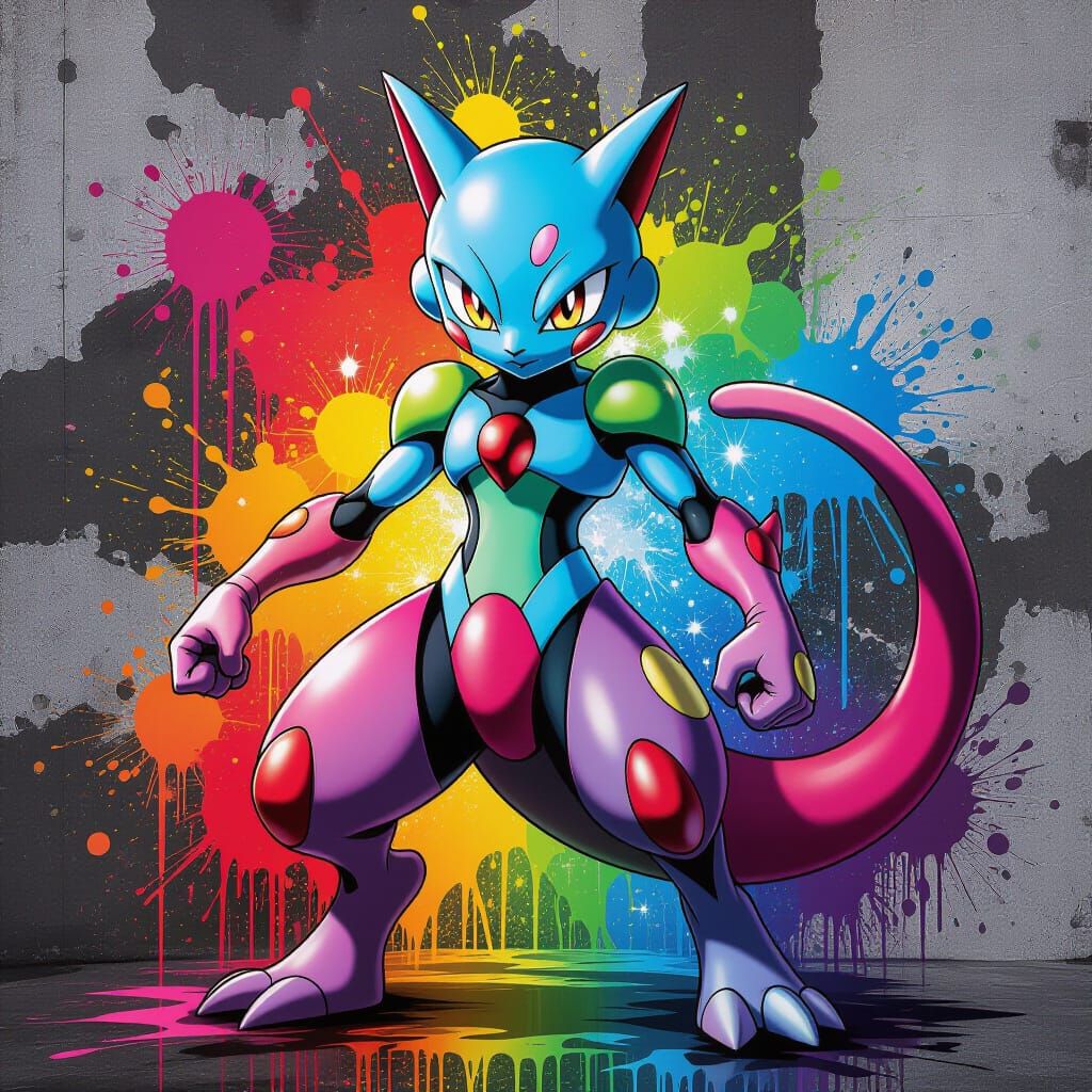 Mewtwo Graffiti Art with Splash and Street Art Elements