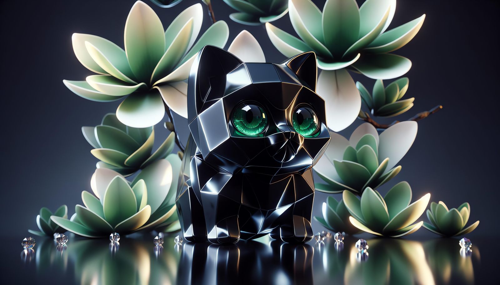 Cubic Black Kitten with Emerald Magnolias