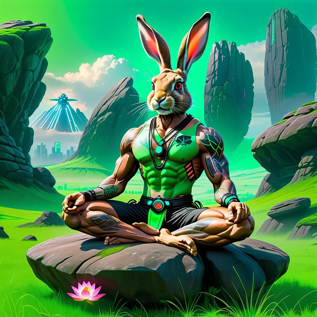 Cyberpunk Hare Humanoid Meditating in Neon Meadow