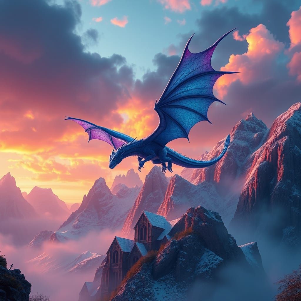 Majestic Dragon Soaring Over Fantasy Mountain Range