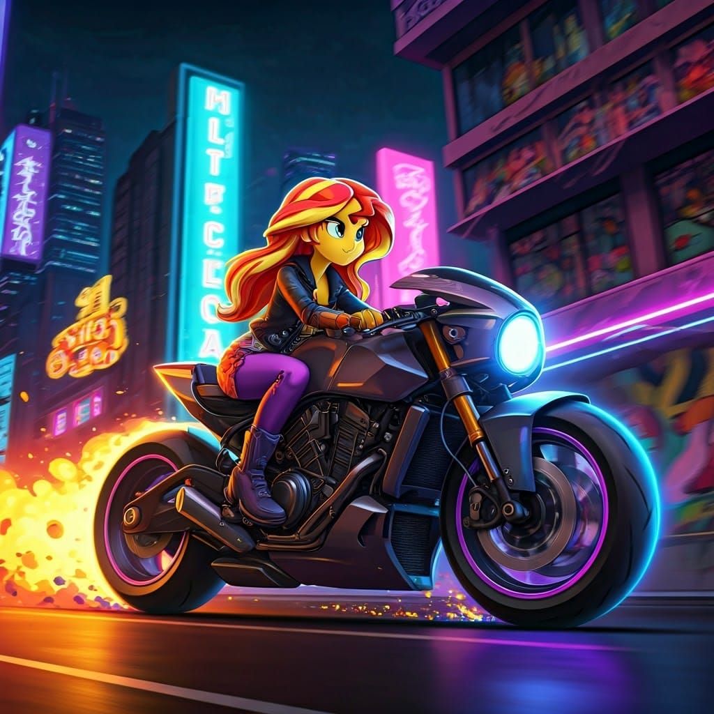 Sunset Shimmer Rides Motorbike in Gritty Cityscape