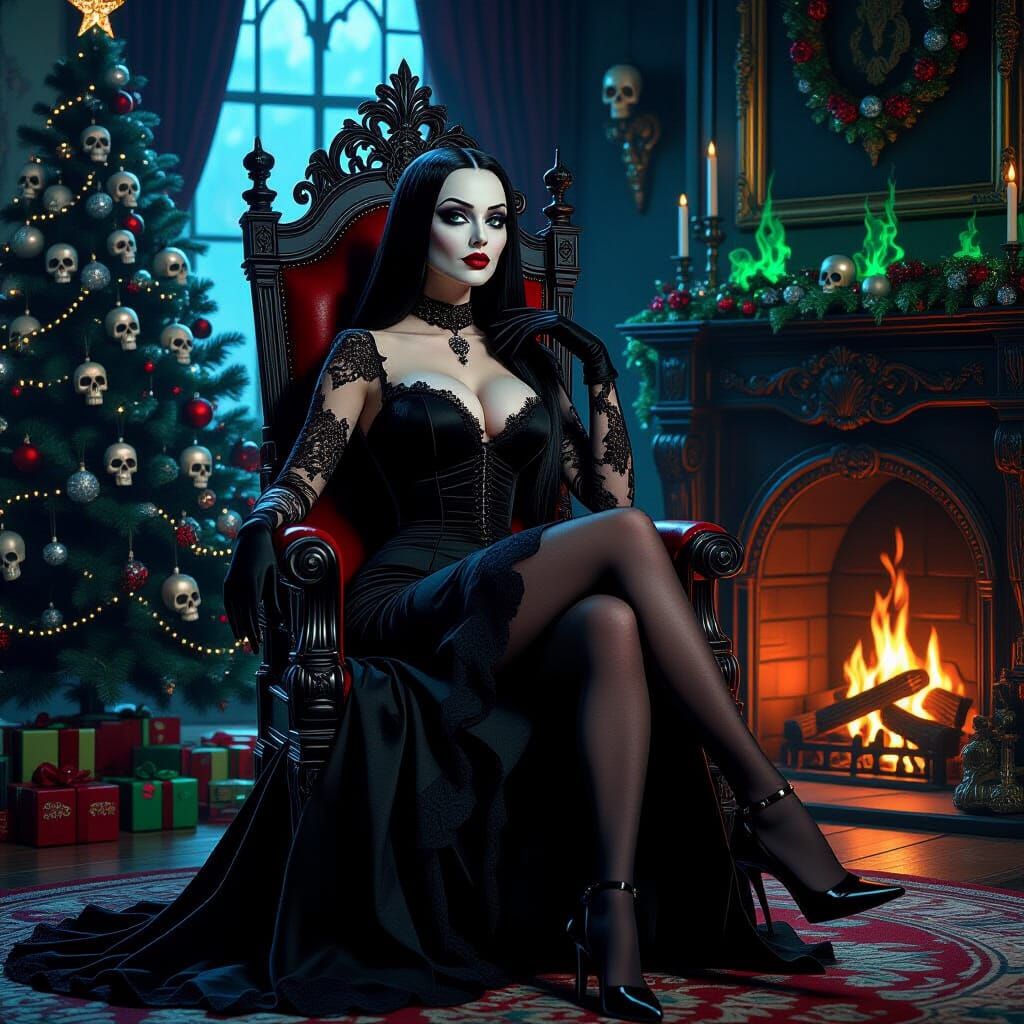 Morticia Addams on Throne in Haunted Room, Hyperrealistic St...