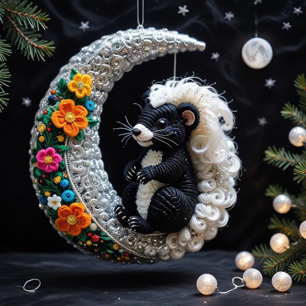 Klimt-Inspired Crochet Skunk with Cosmic Christmas Decor