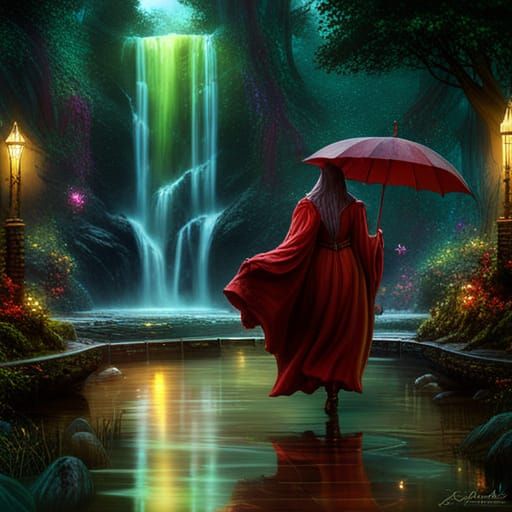 Happy Witch in Magical Garden, Dark Fantasy Art