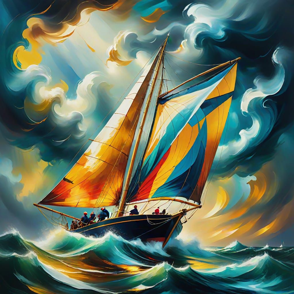 Sailor Raising Sail in Stormy Weather, in Vibrant Oil Painti...