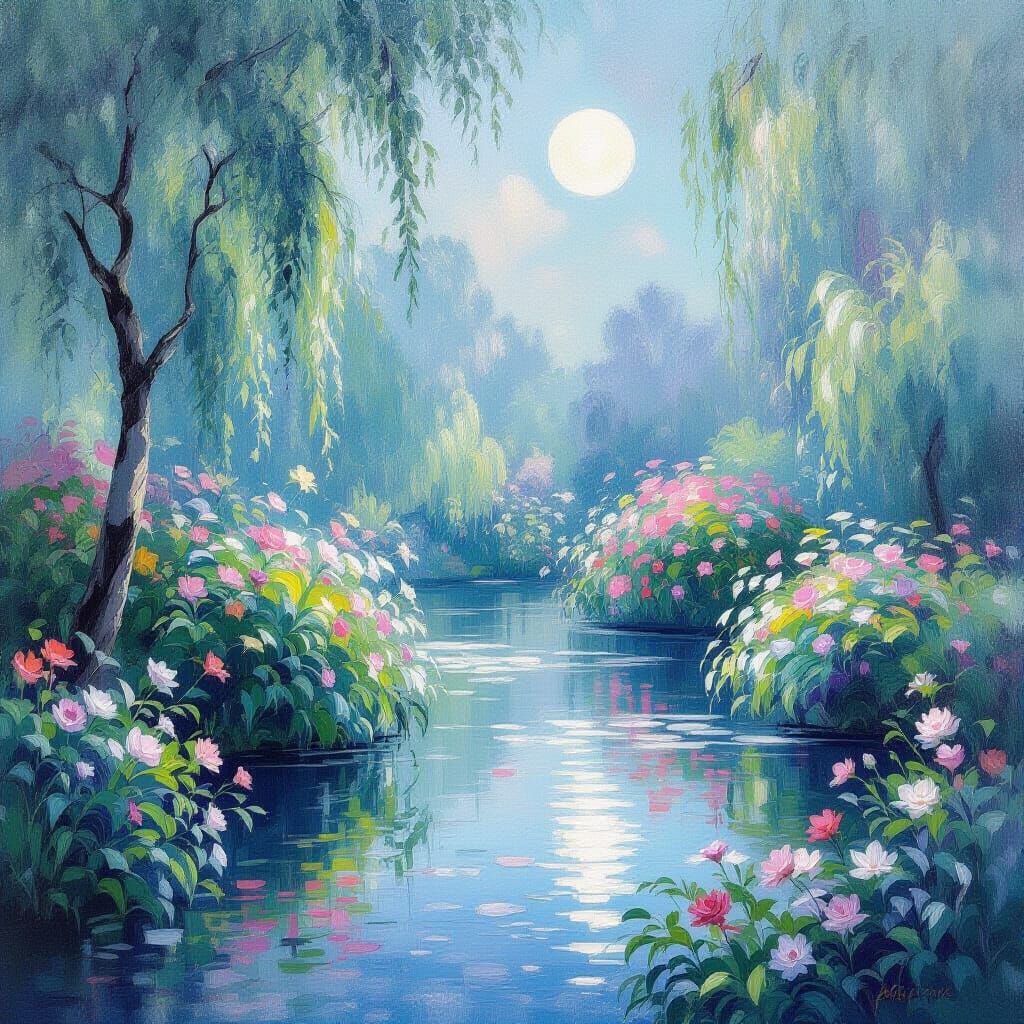 Moonlit Garden in Impressionist Style