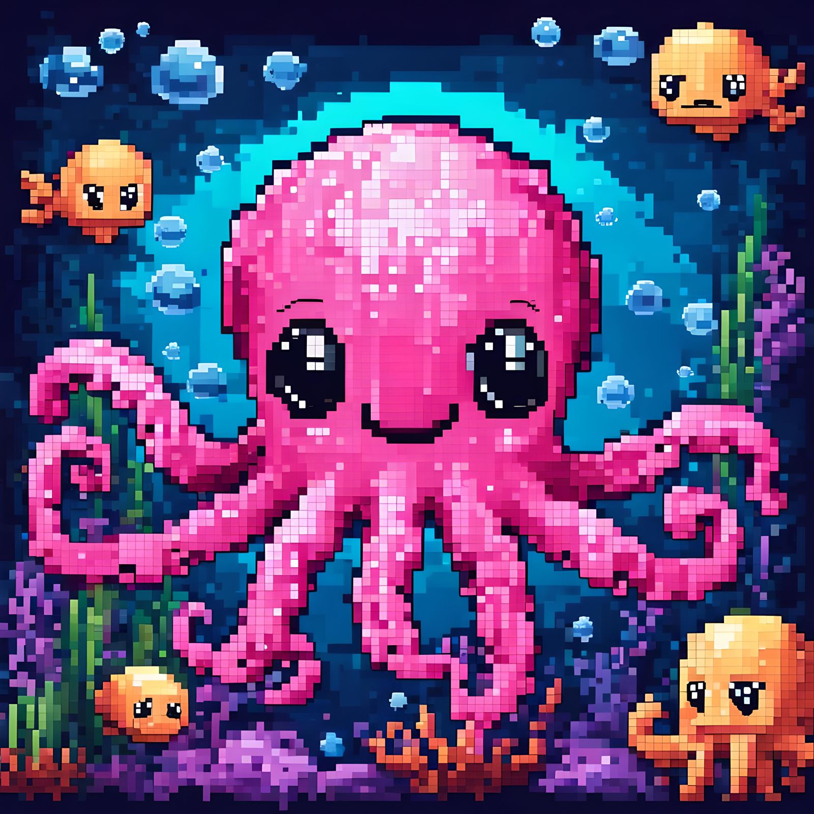 Cute Pink Octopus Pixel Art Under the Sea
