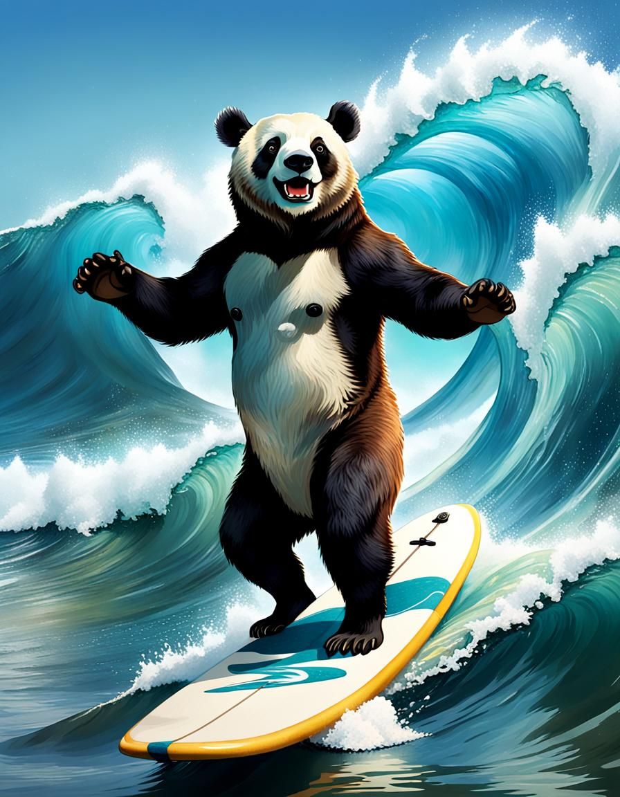 Anthropomorphic Panda Bear Surfing the Waves