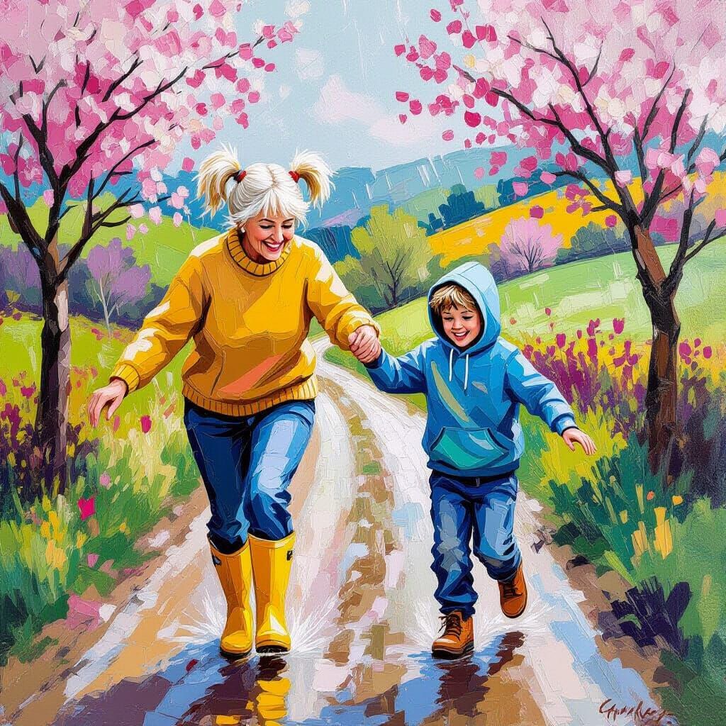 Joyful Dance in Rain, Gouache Impasto Style