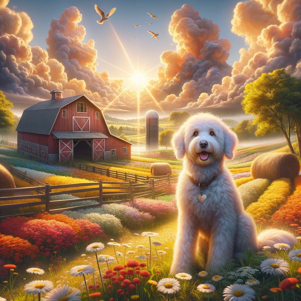Whimsical White Goldendoodle in Enchanted Rural Wonderland