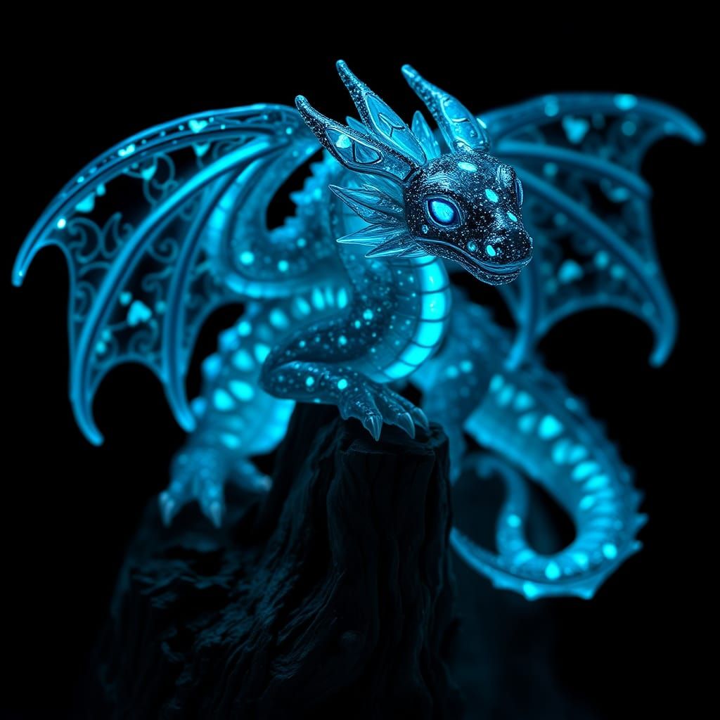 Bioluminescent Crystal Dragon Sculpture on Gnarled Tree