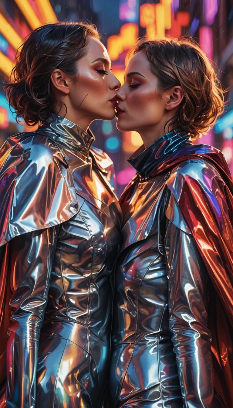 Futuristic Women Embrace in Neon-Lit Cyberpunk Scene