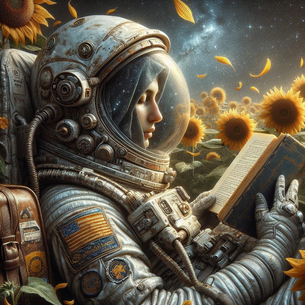 Surreal Astronaut Amidst Sunflowers in a Cosmic Dream