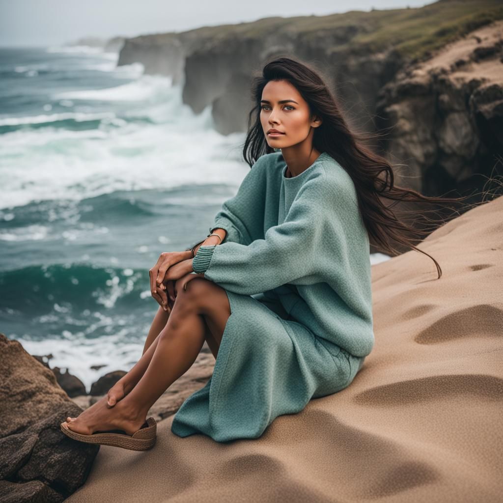 Woman Watching Ocean Waves from Cliff