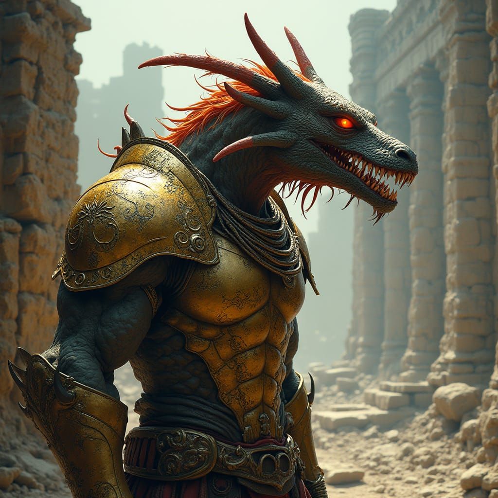 Ancient Warrior with Creodont Head in Golden Armor